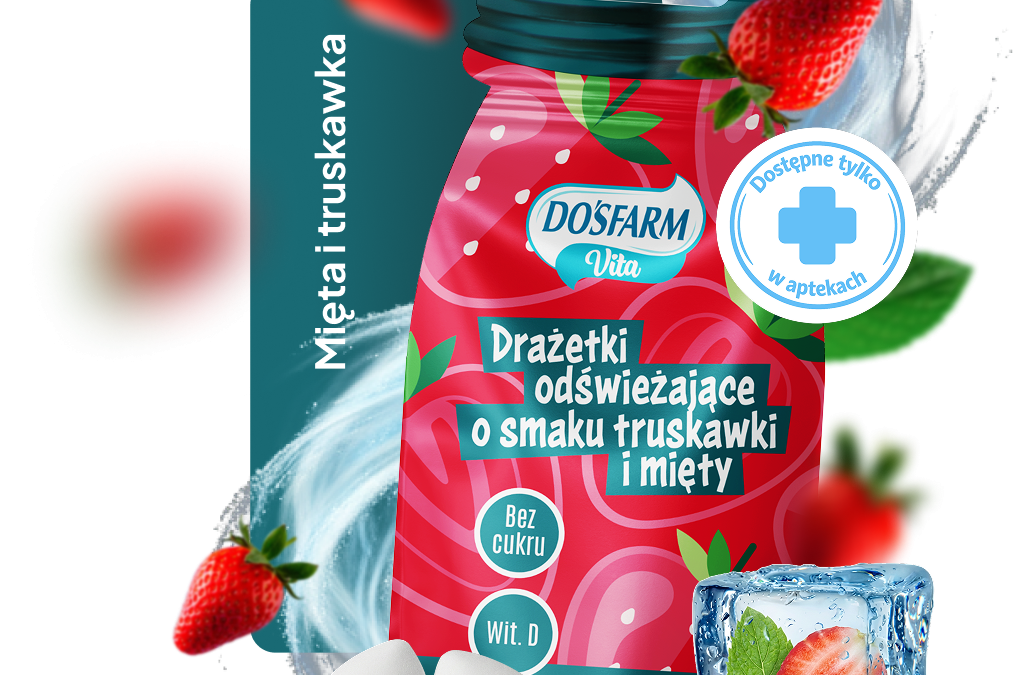 Drażetki odświeżające Dosfarm Vita o smaku truskawki i mięty – bez cukru, z witaminą D