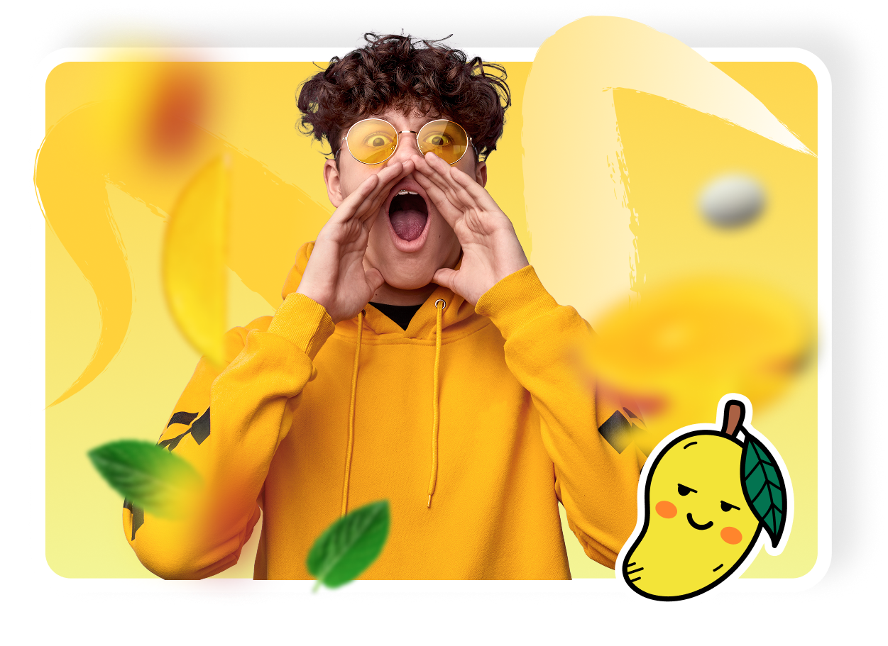 Chłopka w żółtej bluzie trzyma ręce jak tuba i nawołuje aby spróbować drażetki Dosfarm 