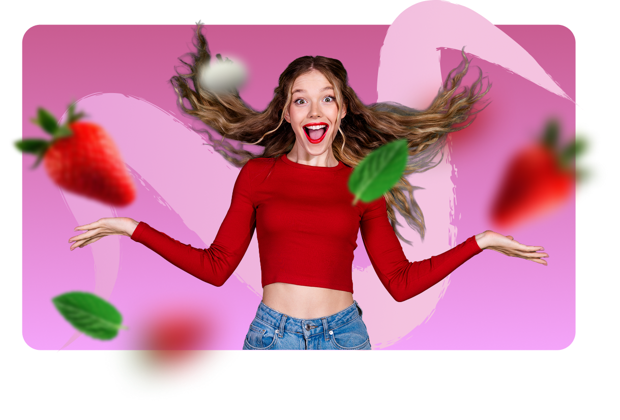 Podekscytowana dziewczyna w czerwonej bluzce – drażetki Dosfarm o smaku truskawki z miętą